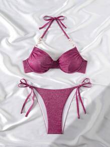 Swim SXY 女士假日纯色紧身性感细肩带露背亮片面料聚拢上衣和侧系带泳裤优雅休闲沙滩两件套泳衣