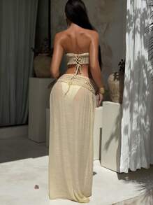 Swim SXY Áo bikini nữ mới họa tiết hoa móc tay phong cách Boho cho kỳ nghỉ bãi biển - Màu be - Xem 4