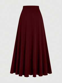 Velvienne 2pcs/Set Women's Commute Ruched Knit Burgundy Short Sleeve Top And Loose Long Skirt Set, Plus Size, Spring/Summer