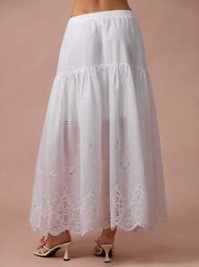 Enchnt Falda maxi elástica de cintura con bordado y volantes blancos, romántica para mujer, ideal para vacaciones, casual y cómoda para fiestas de cumpleaños, días festivos, citas dulces, viajes diarios, vacaciones, temporada de bodas, versátil en verano, conciertos, estilo bohemio - Blanco - Ver 3