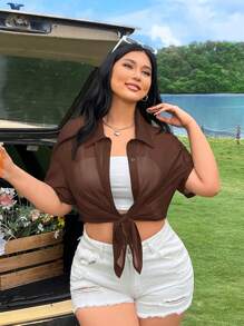 SHEIN EZwear Áo cánh tay ngắn mùa hè màu trơn cỡ lớn cài nút phía trước cho nữ - màu nâu - Xem 3