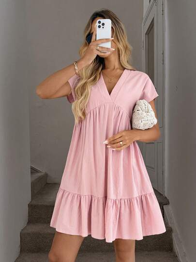 SHEIN LUNE Gaun Pendek Kasual Wanita Warna Pink untuk Liburan Pantai Musim Panas, Gaun Santai Wanita Gaya Boho, Gaun Liburan Musim Semi, Warna Pastel