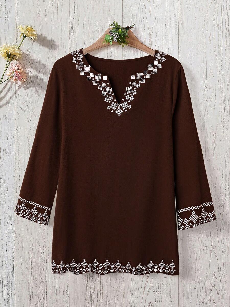 Rusticease 女式休闲宽松七分袖简约衬衫 - 棕色 - 查看 1