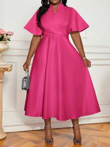 SHEIN Lady 加大码纯色交叉裹身优雅短袖连衣裙 - 玫紅色 - 查看 4