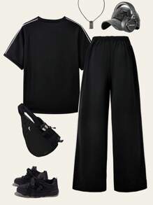 SHEIN Explorewe 2 pezzi Set di pantaloni sportivi e maglietta a girocollo con stampa di lettere per ragazzi adolescenti - nero - Visualizzare 8