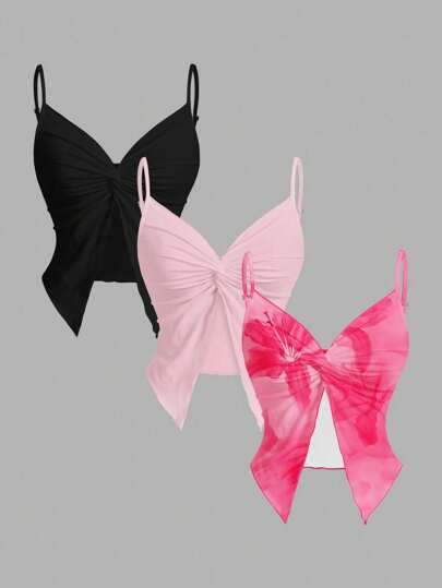 SHEIN MOD 3 Pieces Hibiscus & Lily Tropical Flower Print Tank Top Set,Women's Black And Pink Summer Y2k Club Night Casual Vacation Beach Style Coordinated Tops