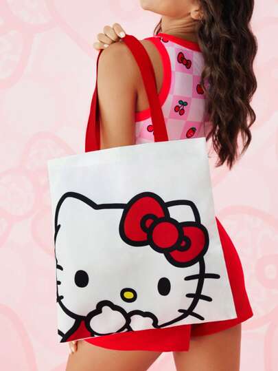 HELLO KITTY AND FRIENDS | SHEIN 1个可爱红色卡通图案帆布手提袋，适合学生、女性，适合通勤、上学、郊游、旅行、购物，轻便易携，可装电脑，小猫图案