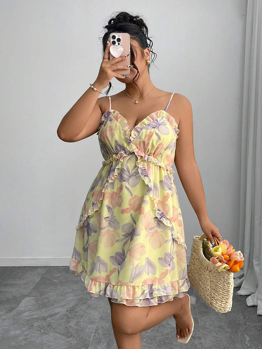 INAWLY Robe courte d'été en mousseline de soie à imprimé floral avec fines bretelles pour femmes grandes tailles - Multicolore - Voir 1