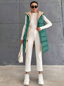 EURMUSE Petite Size Zip Up Drawstring Hooded Puffer Vest Coat - Green - View 5
