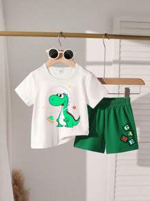 SHEIN Playful Pals Baby Boys Casual Cute Cartoon Dinosaur Graphic Print Short Sleeve T-Shirt And Shorts 2 Pieces Set