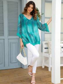 Plus Size Elegant Commuter Tie-Dye Print Top - Multicolor - View 5