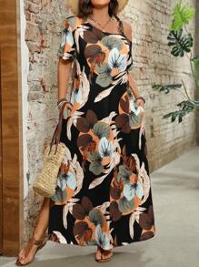 Breezaya 大码女式优雅简约时尚金属装饰露肩短袖宽松中长连衣裙 - 黑色 - 查看 5