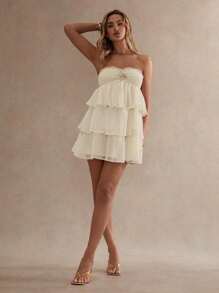 Glamine 女士夏季纯色露肩海星装饰蛋糕短裙、夏季、女士连衣裙、女士度假装、褶边连衣裙、飘逸短裙、爱与柠檬水连衣裙、层叠荷叶边连衣裙、奶油色连衣裙、女士白色连衣裙 - 杏色 - 查看 3