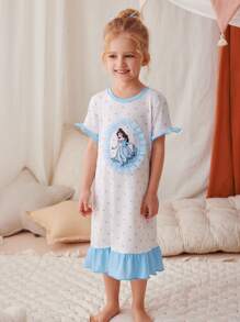 Baby Girl Blue Polka Dot Ruffle Print Princess Pattern Summer Short Sleeve Maxi Nightgown Loungewear - White - View 5