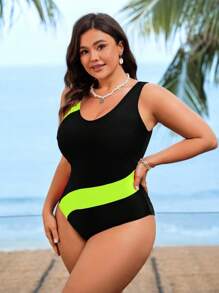 Swim SPRTY 大码女式拼布无袖圆领连体泳衣，休闲海滩度假