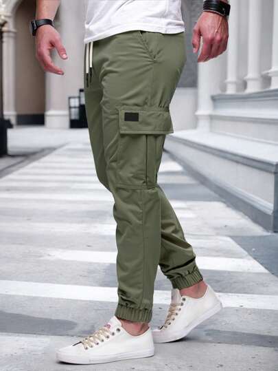 Manfinity Homme Men's Solid Color Drawstring Multi-Pocket Slim Fit Casual Cargo Pants, Fall