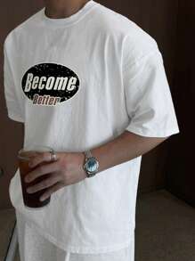 DAZY Herren weiß T-Shirt mit Rundhalsausschnitt und Buchstaben-Muster, Kurzarm für den Sommer, Grafik-Tees - Weiss - Übersicht 6