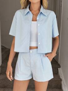 Easowa Set de 2 piezas de top de camisa y shorts de lino a rayas para mujeres, conjunto informal de vacaciones en la playa, brunch, conjuntos de salón para vacaciones tropicales, ropa de mujer para vacaciones de verano europeas, conjunto de dos piezas