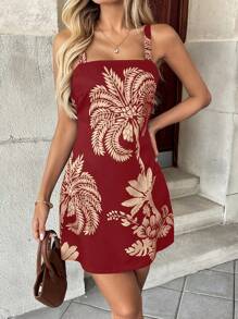 Easowa 植物印花女式休闲假日吊带短裙 - 酒紅色 - 查看 4