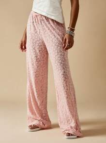 MISSGUIDED 奢华天鹅绒阔腿休闲裤 阔腿风格抽绳舒适服装 节日派对晚装 柔软毛绒裤 - 粉色 - 查看 1