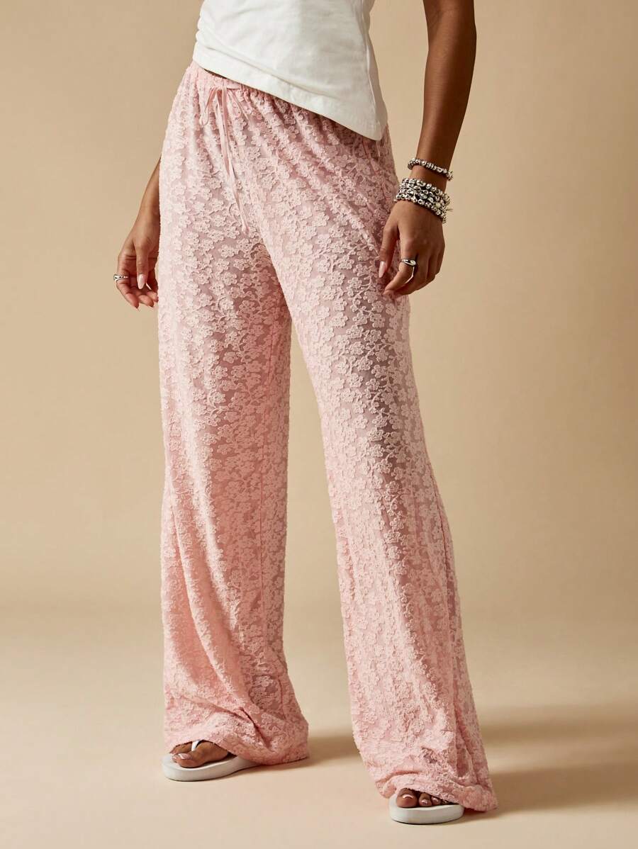 MISSGUIDED 奢华天鹅绒阔腿休闲裤 阔腿风格抽绳舒适服装 节日派对晚装 柔软毛绒裤 - 粉色 - 查看 1