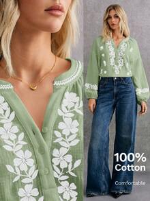 Poéselle 女式刺绣缺口领长袖优雅衬衫，夏季 - 薄荷綠 - 查看 8