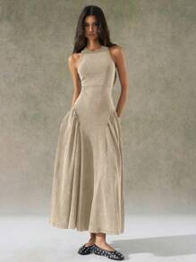 LYSMO 2025 New Arrival Women Summer Khaki Distressed Wash Racerback Long Dress