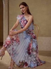MOTF PREMIUM ROBE IMPRIMÉE FLORALE PLISSÉE - Bleu azur - Voir 8