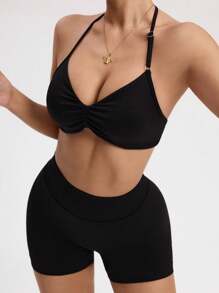 SHEIN Sport Studio 2pcs Seamless Sports Yoga Racerback Tank & Shorts Set, High Waist Tummy Control Butt Lift, Sexy Open Back, Suitable For Yoga, Fitness, Running Workout Clothes Women Women Sports Outfit Workout Top Women Women Clothing Athletic Workout Gear Women