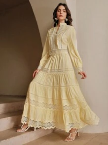 Anewsta Women's Elegant Lace Embroidery Hollow Out Shirt Top And Skirt 2 Pieces Set, Spring/Summer, Festival/Graduation, Butterscotch Yellow - Yellow - View 6