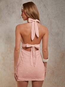COSMINA Women's Solid Color Backless Halter Neck Sexy Mini Dress - Baby Pink - View 2