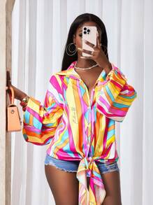 BamGleam Women's Colorful Striped Lantern Sleeve Knotted Hem Loose Blouse Fall Cloth For Women - Multicolor - View 6