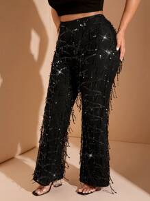 SHEIN BAE Plus Size Women Elegant Party Halloween Solid Black Sequin Tassel Flare Leg Pants Graduation,Back To School,Teacher Outfits For Women