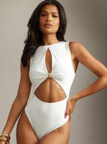 Hauture Women Sexy Elegant Long Sleeve Black Bodysuit With Cutout Front And Gold Ornament - White - View 5