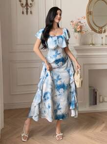 DAZY Damen Batik-Volant-Saum Midi-Kleid Maxikleid - Blau - Übersicht 5