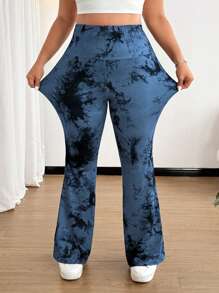 SHEIN MOOSTA High Stretch Tie-Dye Flare Leg Ruched Bottom Full Length Leggings Fall Cloth For Women