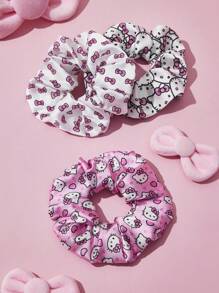 HELLO KITTY AND FRIENDS | SHEIN 3pcs Soft Satin Scrunchies, Shiny Coil Hair Ties, Cute Bow, Cat, Pink Design, Elastic, Hair-Friendly - Multicolor - View 7