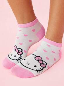HELLO KITTY AND FRIENDS | SHEIN 4 双可爱猫咪图案柔软透气吸湿排汗女士短袜，加固脚趾和脚跟，适合所有季节，粉色和白色 - 粉色 - 查看 6