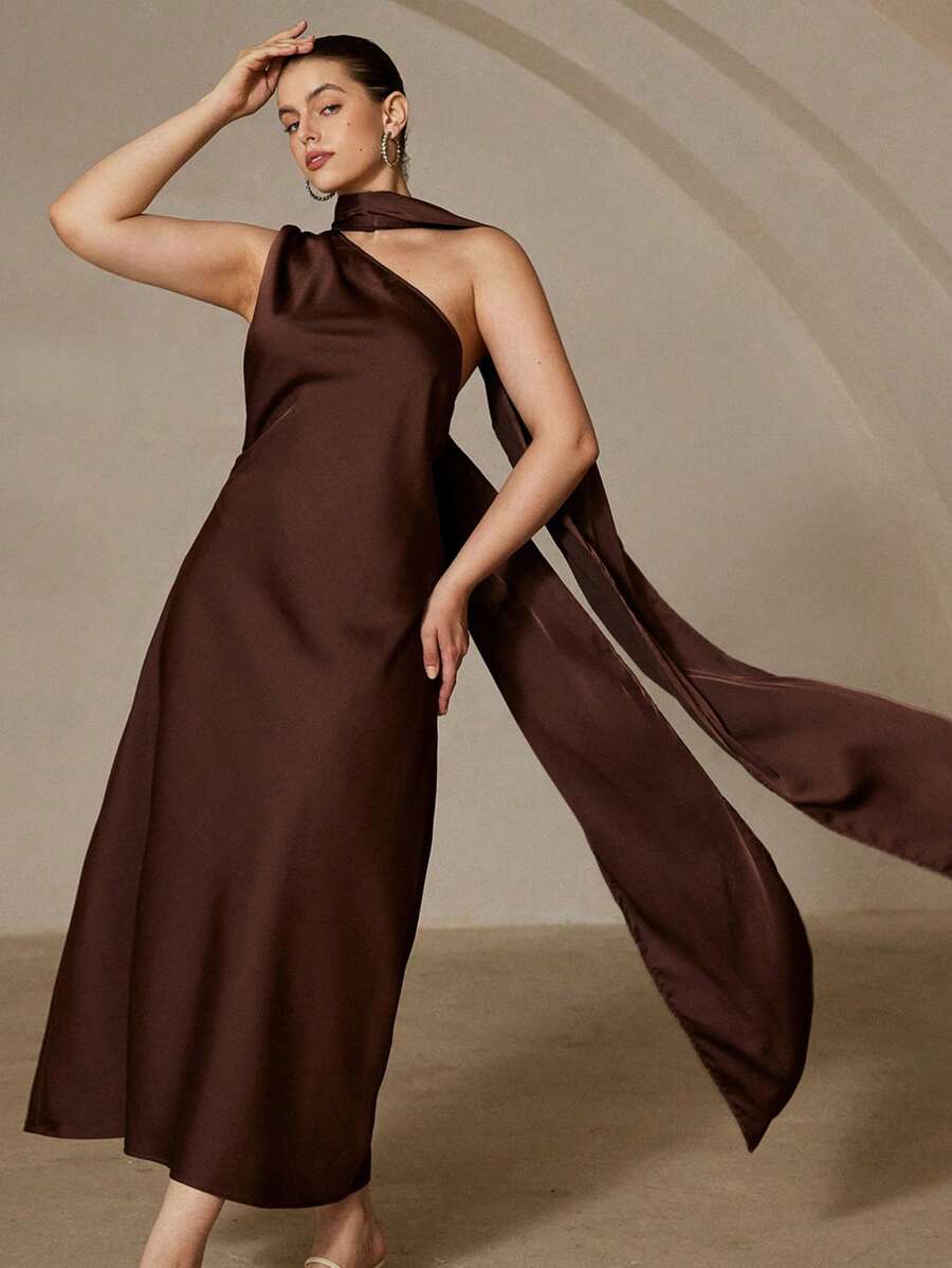 Aveloria Revavyn Vestido largo de fiesta con escote asimétrico, cintura ceñida en raso marrón, diseño de alta gama, falda envolvente hasta el suelo, sin mangas, para tallas grandes - Café integral - Ver 1