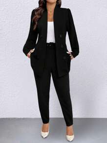 SHEIN Clasi Women's Simple Office Lady Style Long Sleeve Jacket & Pocket Design Pants Suit Set, Versatile For Commuting Fall Cloth For Women - Black - View 5