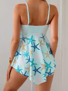 SHEIN Swim 2 pezzi Completo da donna estivo con canotta corta e bikini, stampa a stelle marine, decorazione fiocco, per vacanze e spiaggia