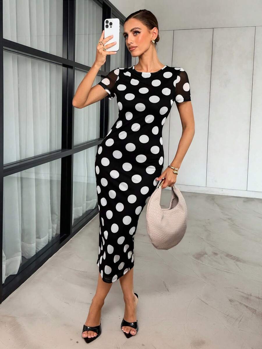 Lavishia 女式圆领绿色印花短袖连衣裙