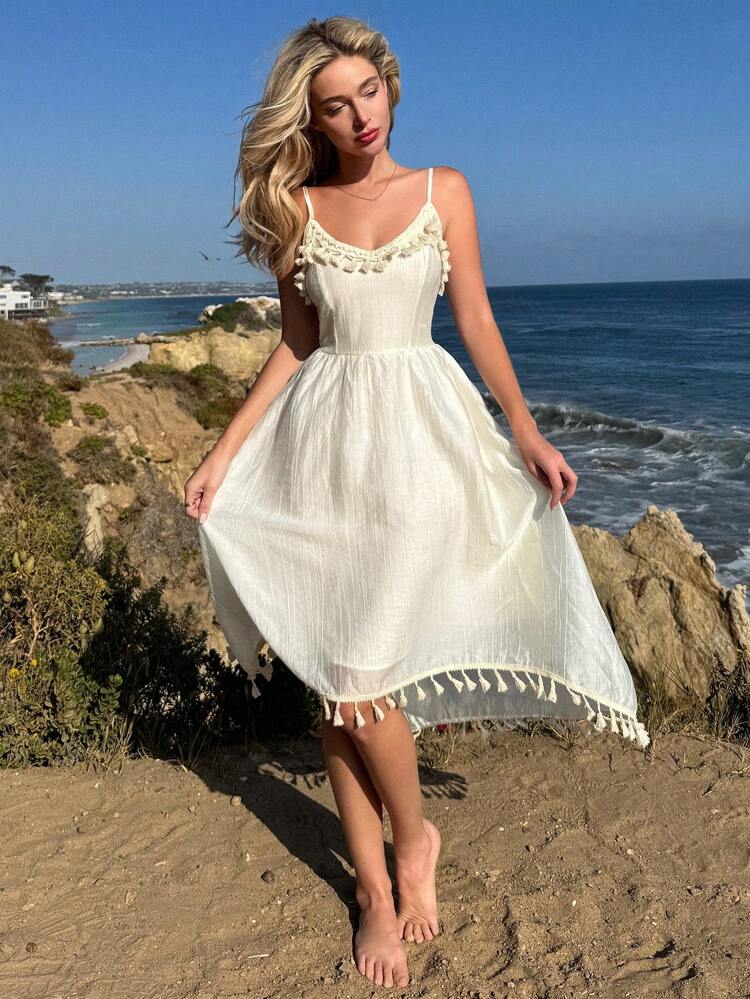 Summer New Stylish Vintage Exotic Print Tassel Decoration Strap Patchwork Dress Cruise Outfit For Women Boho