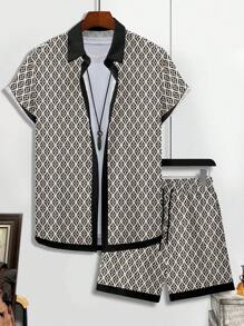 Manfinity RSRT 男士全印花短袖衬衫和抽绳腰短裤套装 男士度假装 男士沙滩装套装 男士沙滩装套装 男士度假短裤套装 男士度假装 男士两件套休闲短裤套装 - 彩色 - 查看 3