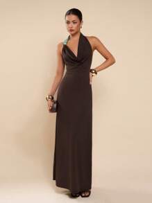 COSMINA Women's Solid Color Draped Neck Stone Linked Bodycon Dress - Brown - View 1