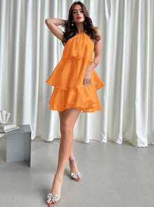 Firerie 浪漫露背荷叶边下摆白色欧根纱露背连衣裙，搭配多层裙摆，非常适合约会场合，优雅的礼物 - 橘色 - 查看 6