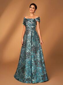 优雅奢华的织锦露肩保守 A 字裙，适合婚礼、派对、节日、舞会、晚礼服、新娘母亲 - 藏蓝色 - 查看 5