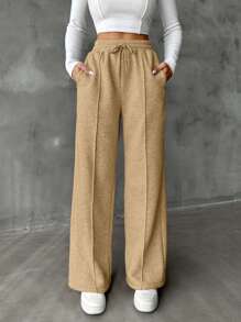 SHEIN Cottnline Damskie spodnie dresowe w jednolitym kolorze ze ściągaczem i prostymi nogawkami - Wielbłąd - Zobacz 3