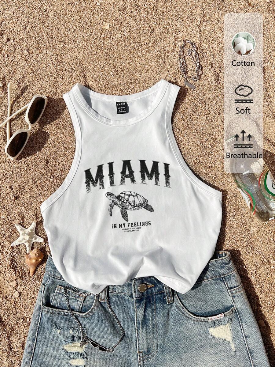 SHEIN EZwear 白色无袖上衣，饰有休闲迈阿密海龟图案，适合夏季、度假、海滩穿着，34% 棉。迈阿密图案背心，白色图案露脐上衣，夏季上衣，女士度假迈阿密背心，女士夏季背心，白色露脐上衣，夏季度假上衣，海龟图案T恤，女士夏季上衣，返校季上衣 - 白色 - 查看 1