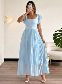 SHEIN LUNE Plus Size Elegant Square Neck Multi-Layer Ruffle Cap Sleeve Chiffon Pleated Splice Dress - Baby Blue - View 7